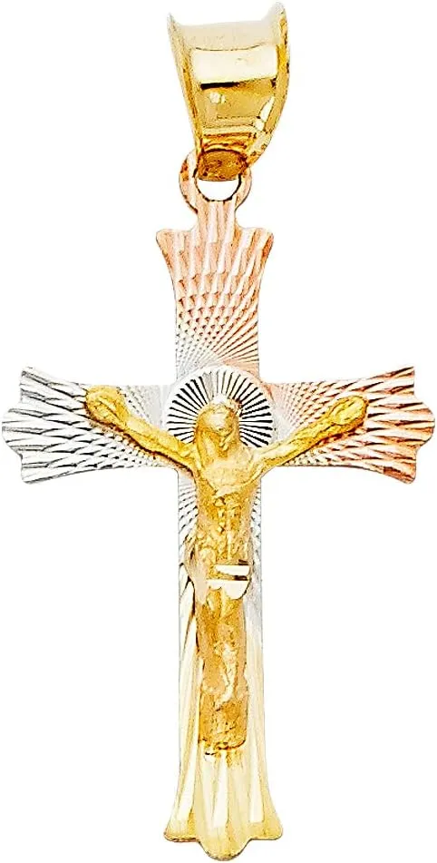 14K Tri Color Gold Diamond Cut Crucifix Jesus Cross Stamp Religious Pendant - Crucifix Charm Polish Finish - Handmade Spiritual Symbol - Gold Stamped Fine Jewelry - Great Gift for Men & Women for Occasions, 22 x 15 mm, 0.8 gms