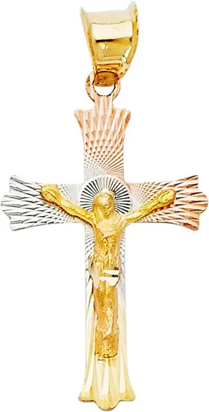 14K Tri Color Gold Diamond Cut Crucifix Jesus Cross Stamp Religious Pendant - Crucifix Charm Polish Finish - Handmade Spiritual Symbol - Gold Stamped Fine Jewelry - Great Gift for Men & Women for Occasions, 22 x 15 mm, 0.8 gms