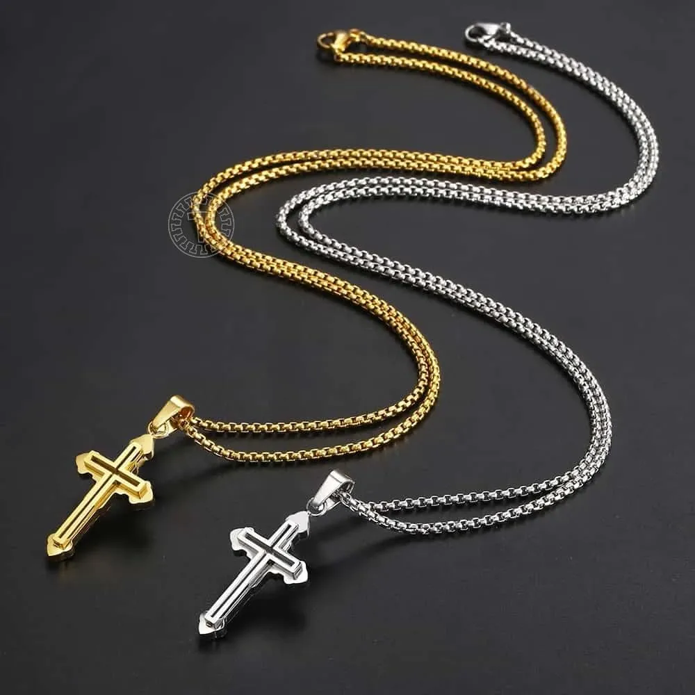 14K Yellow Gold Double Layered Cross Necklace For Men Women - Cross Layered Necklaces, Big Layered Cross Necklaces For Women, Side Cross Necklace Layered, Christian Religious Jewelry