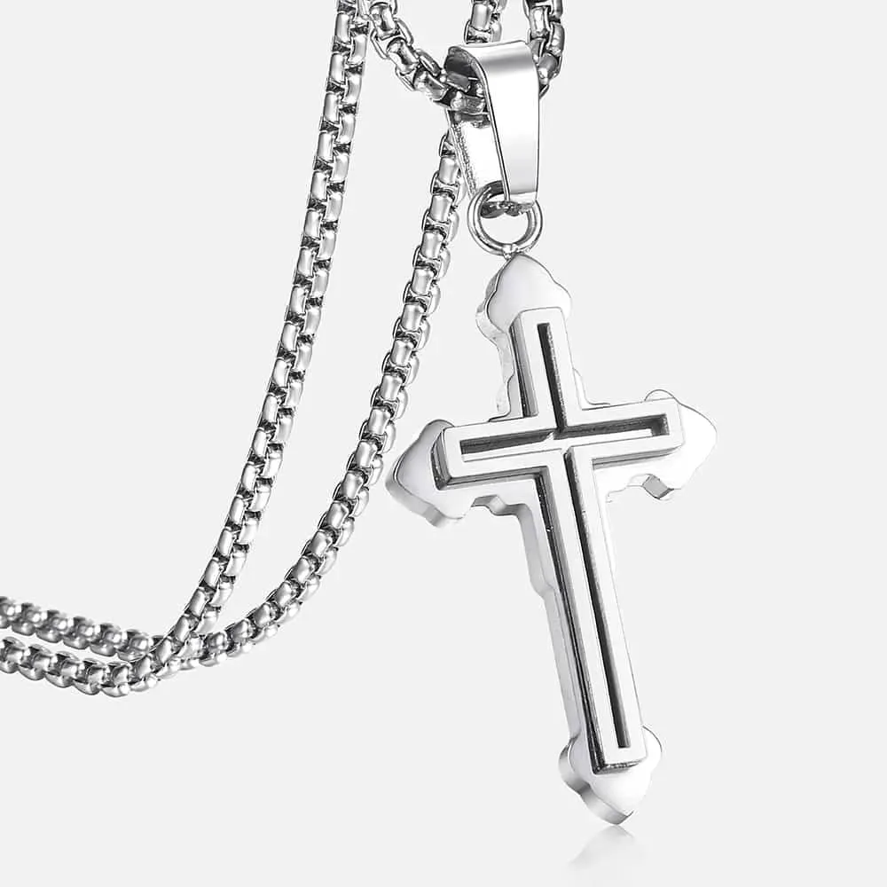 14K Yellow Gold Double Layered Cross Necklace For Men Women - Cross Layered Necklaces, Big Layered Cross Necklaces For Women, Side Cross Necklace Layered, Christian Religious Jewelry