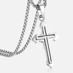 14K Yellow Gold Double Layered Cross Necklace For Men Women - Cross Layered Necklaces, Big Layered Cross Necklaces For Women, Side Cross Necklace Layered, Christian Religious Jewelry