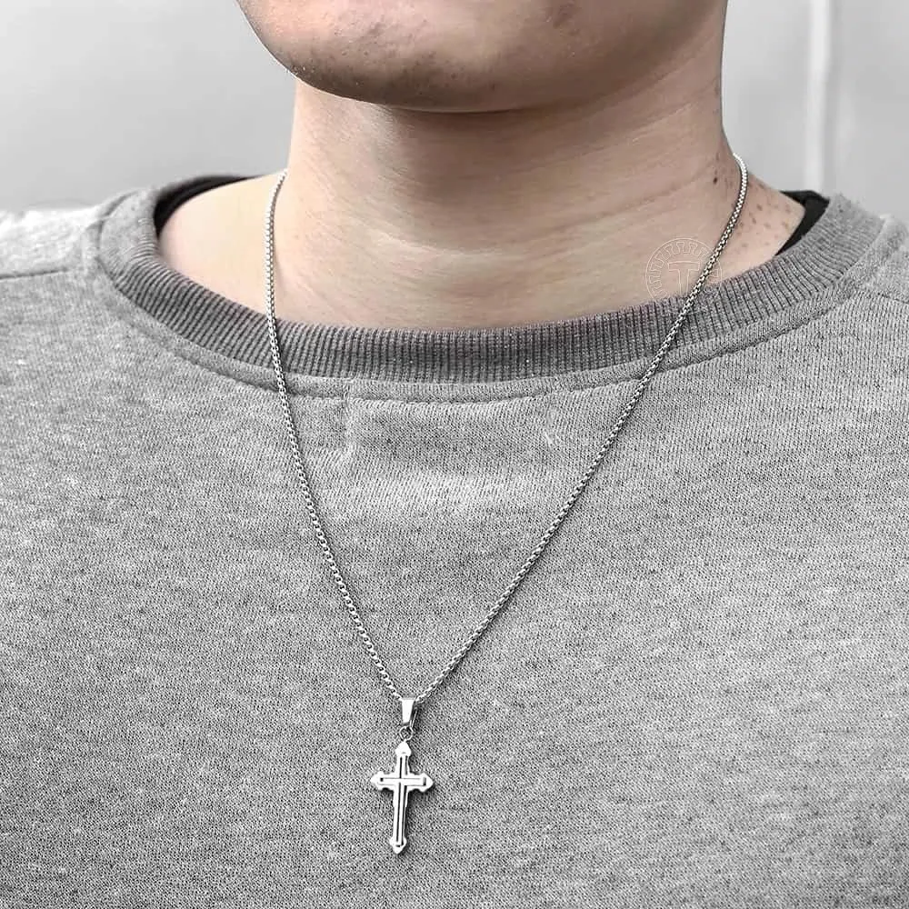 14K Yellow Gold Double Layered Cross Necklace For Men Women - Cross Layered Necklaces, Big Layered Cross Necklaces For Women, Side Cross Necklace Layered, Christian Religious Jewelry