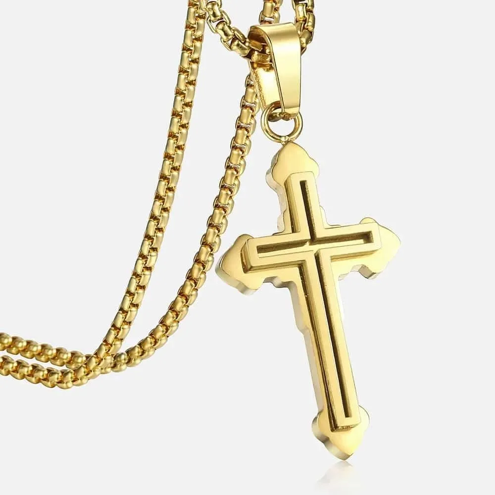 14K Yellow Gold Double Layered Cross Necklace For Men Women - Cross Layered Necklaces, Big Layered Cross Necklaces For Women, Side Cross Necklace Layered, Christian Religious Jewelry