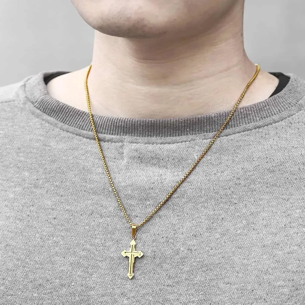 14K Yellow Gold Double Layered Cross Necklace For Men Women - Cross Layered Necklaces, Big Layered Cross Necklaces For Women, Side Cross Necklace Layered, Christian Religious Jewelry