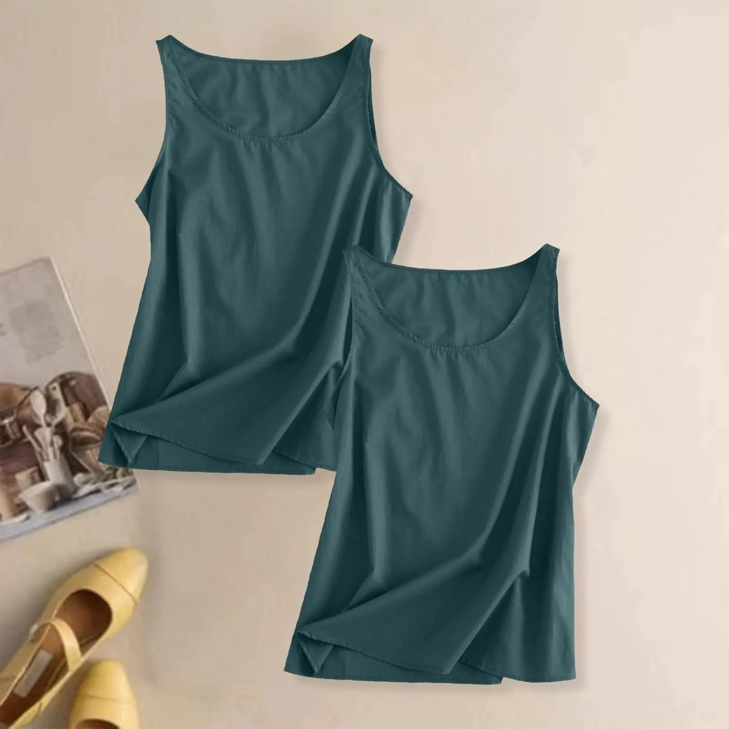 2 Pack Womens Linen Tank Tops 2025 Summer Beach Vacation Shirt Crew Neck Sleeveless Loose Fit Casual Blouse