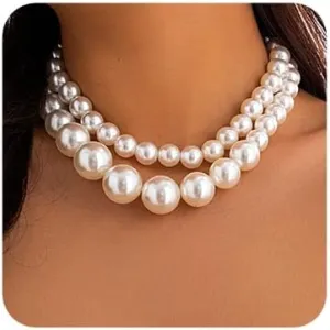2 Tier Women Boho 1920s Pearls Choker Necklaces Gold Dainty Pearls Layered Choker Necklaces Fashion Chunky Pendant Multilayer Adjustable Layering Chain Necklaces for Women