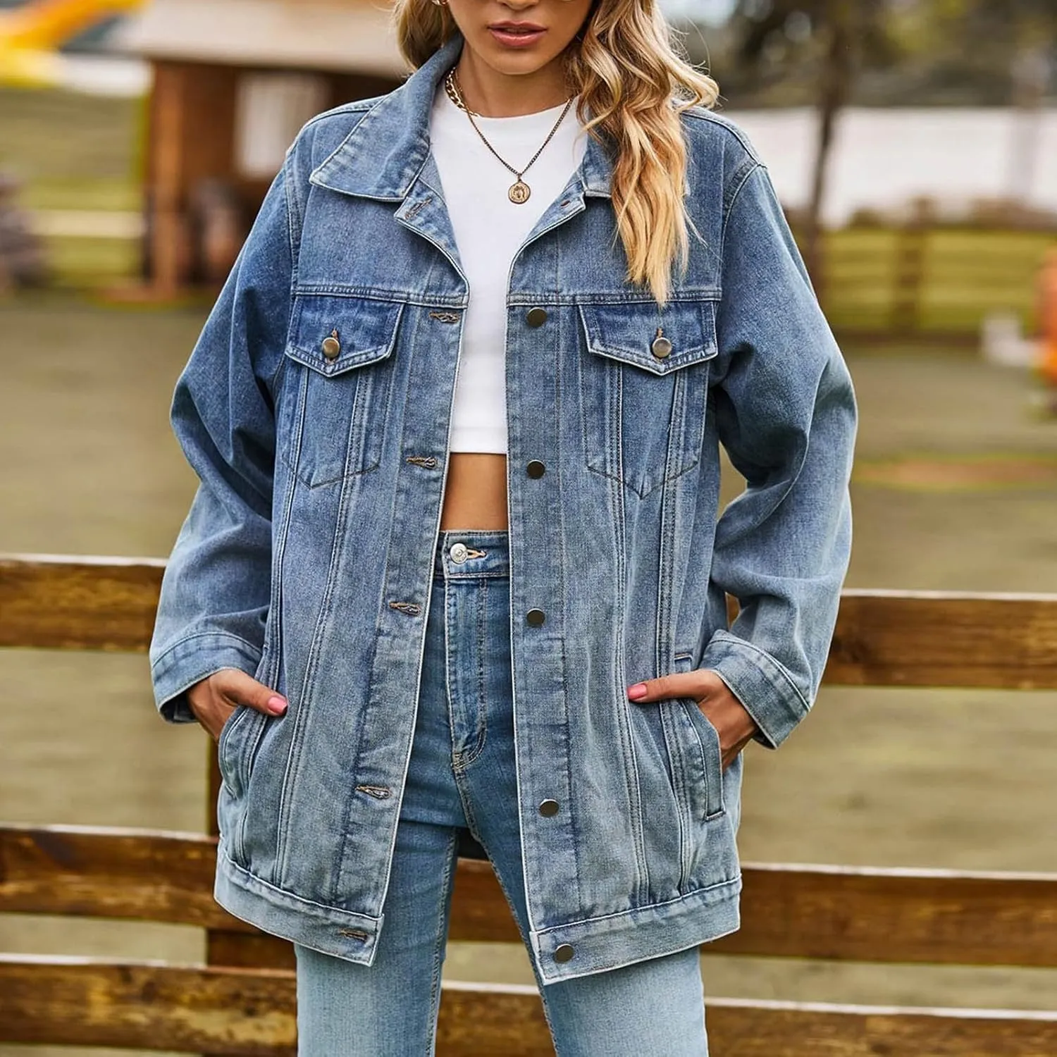 2023 Jean Jacket for Women Distressed Frayed Denim Jacket Ladies Retro Classic Ripped Stretchy Jacket Coats with Pockets
