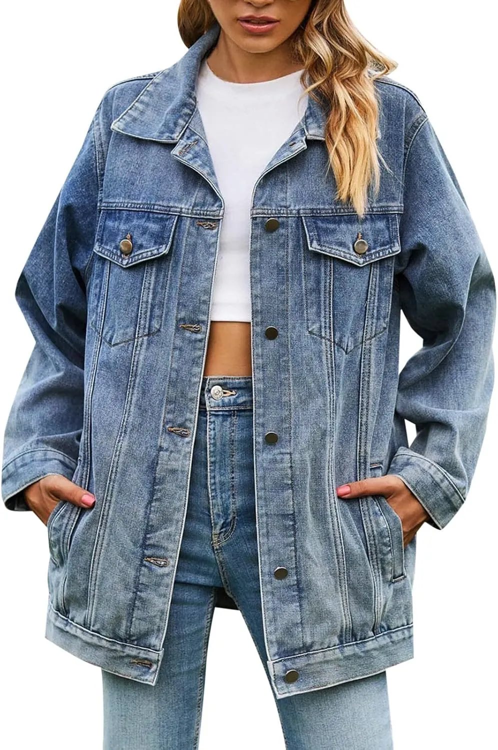 2023 Jean Jacket for Women Distressed Frayed Denim Jacket Ladies Retro Classic Ripped Stretchy Jacket Coats with Pockets