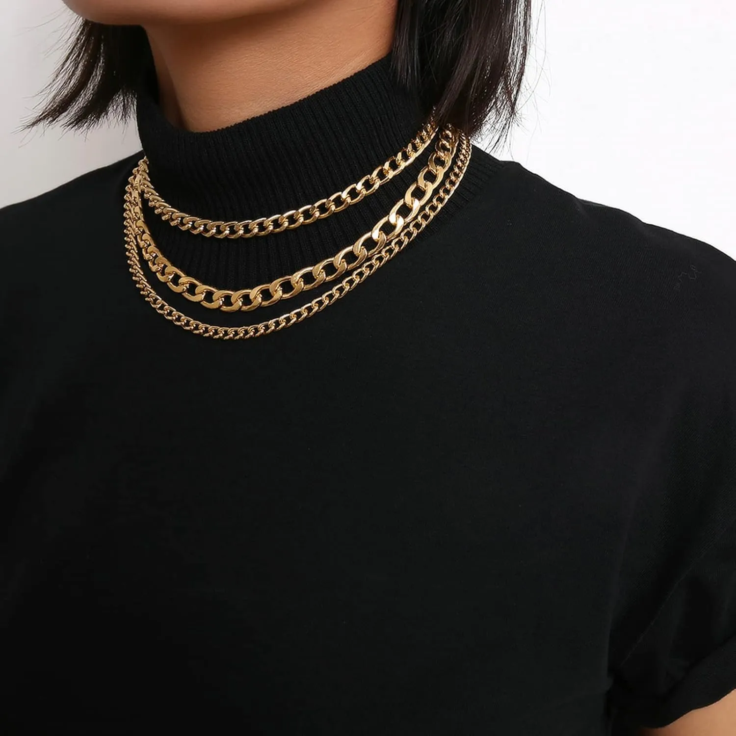 3 Layer Stackable Necklaces Pack , Cuban Curb Chain Boho Layered Gold Necklaces for Women