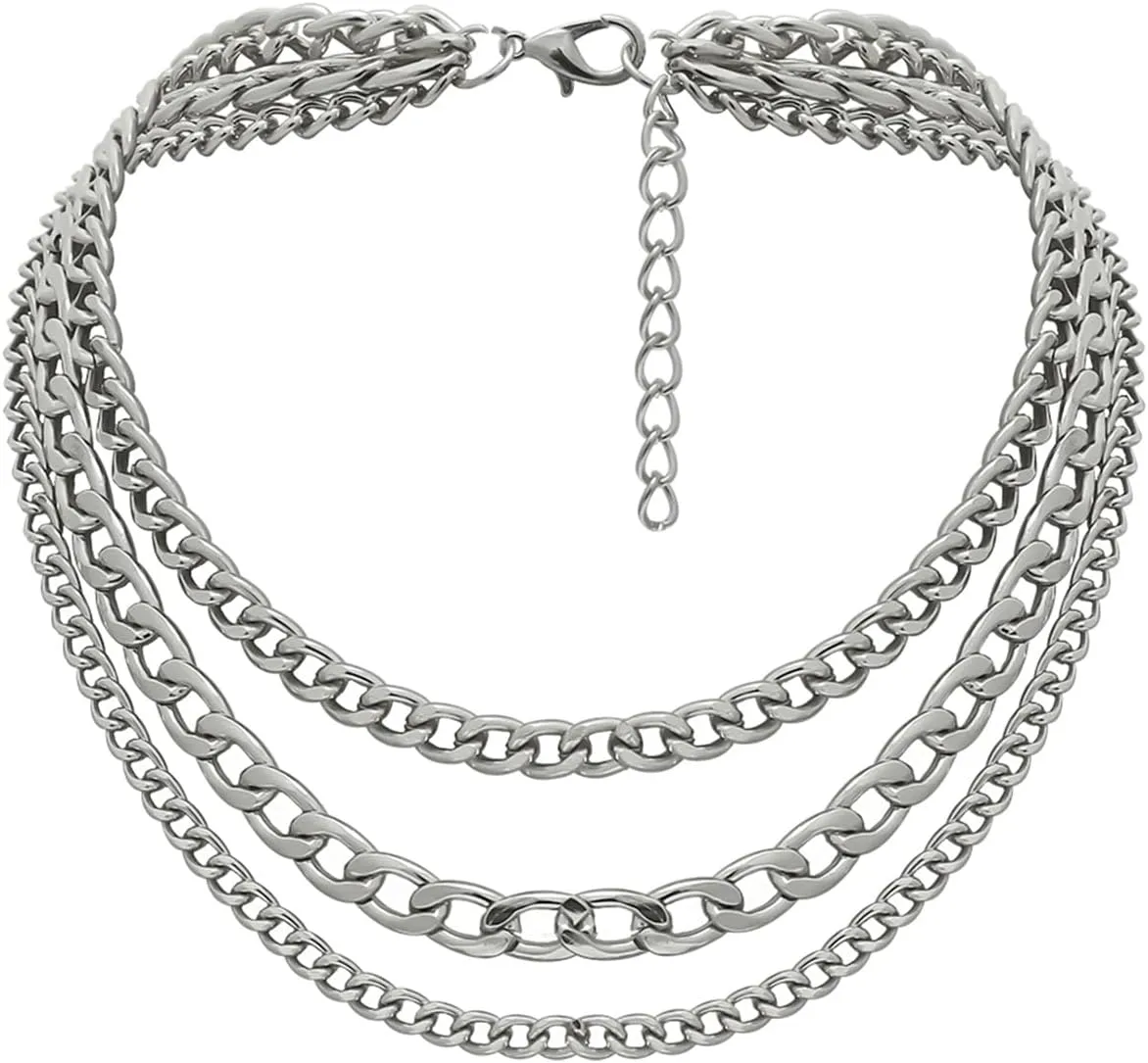 3 Layer Stackable Necklaces Pack , Cuban Curb Chain Boho Layered Gold Necklaces for Women