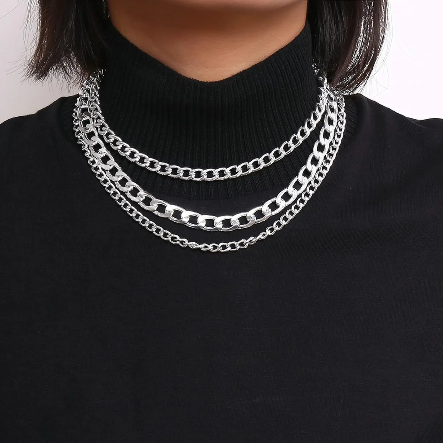 3 Layer Stackable Necklaces Pack , Cuban Curb Chain Boho Layered Gold Necklaces for Women