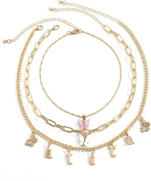 3 Layer Womens Layered Necklaces Boho, Initail Butterfly Chain Necklaces for Women Dainty Gold