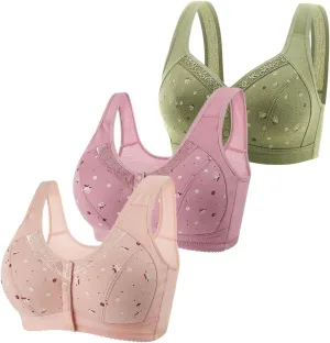 3 Pack Daisy Bras for Older Women,Front Close Button Cotton Bras Comfy Full Support Wide Back No Underwire Bra1