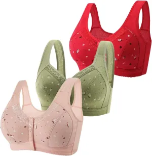 3 Pack Daisy Bras for Older Women,Front Close Button Cotton Bras Comfy Full Support Wide Back No Underwire Bra1