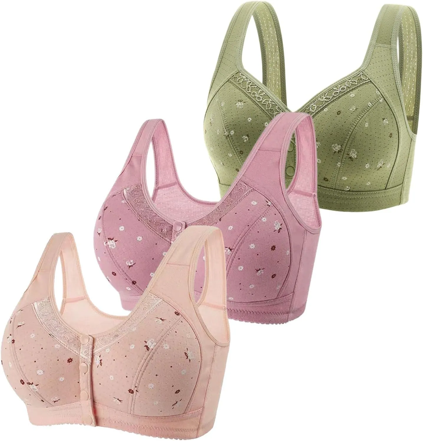 3 Pack Daisy Bras for Older Women,Front Close Button Cotton Bras Comfy Full Support Wide Back No Underwire Bra1