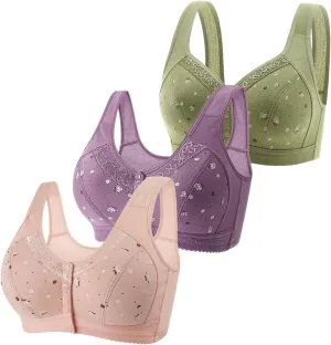 3 Pack Daisy Bras for Older Women,Front Close Button Cotton Bras Comfy Full Support Wide Back No Underwire Bra1