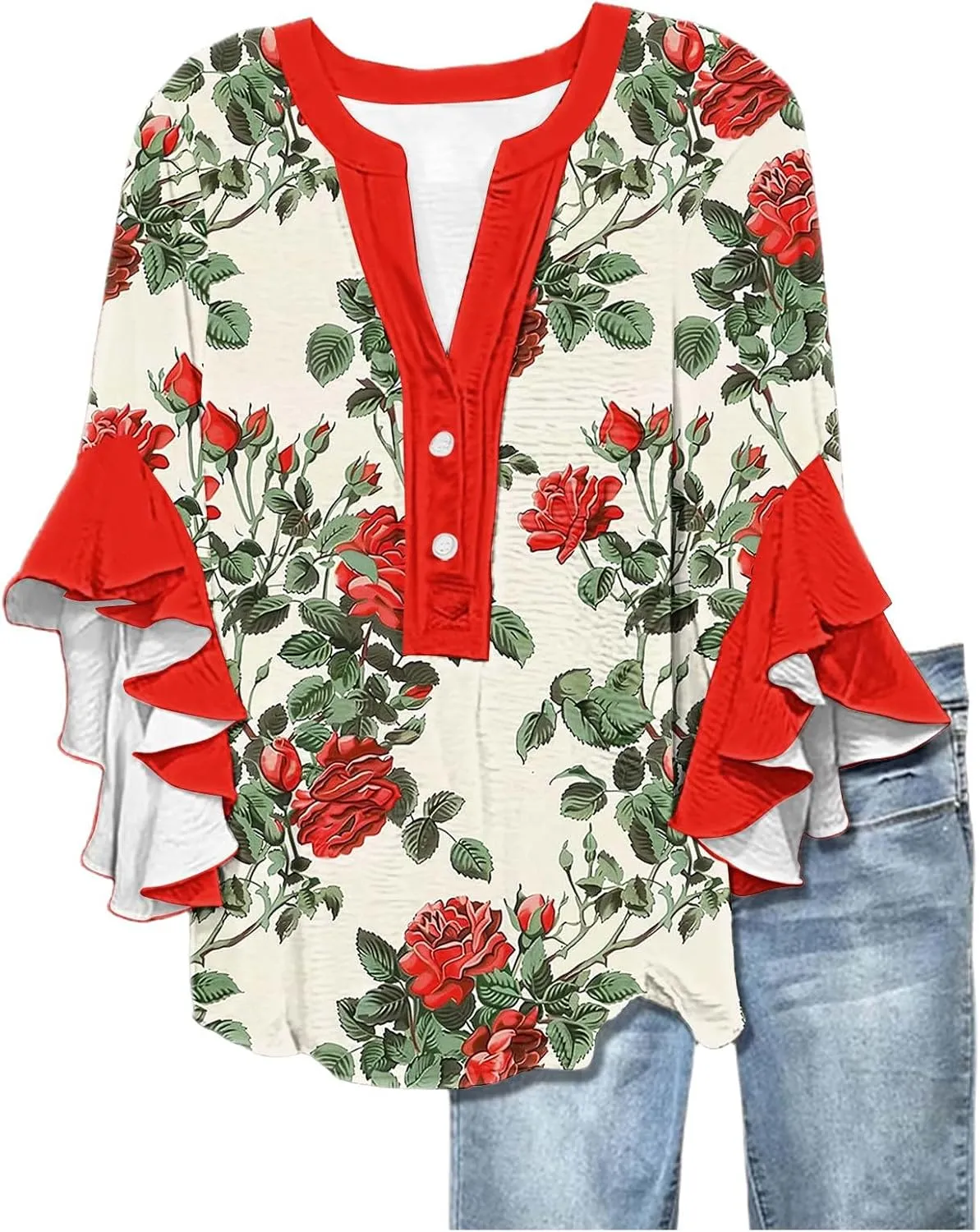 3/4 Length Sleeve Women Tops V Neck Ruffle Shirts Casual Summer Floral Boho Blouses Plus Size Spring Clothes