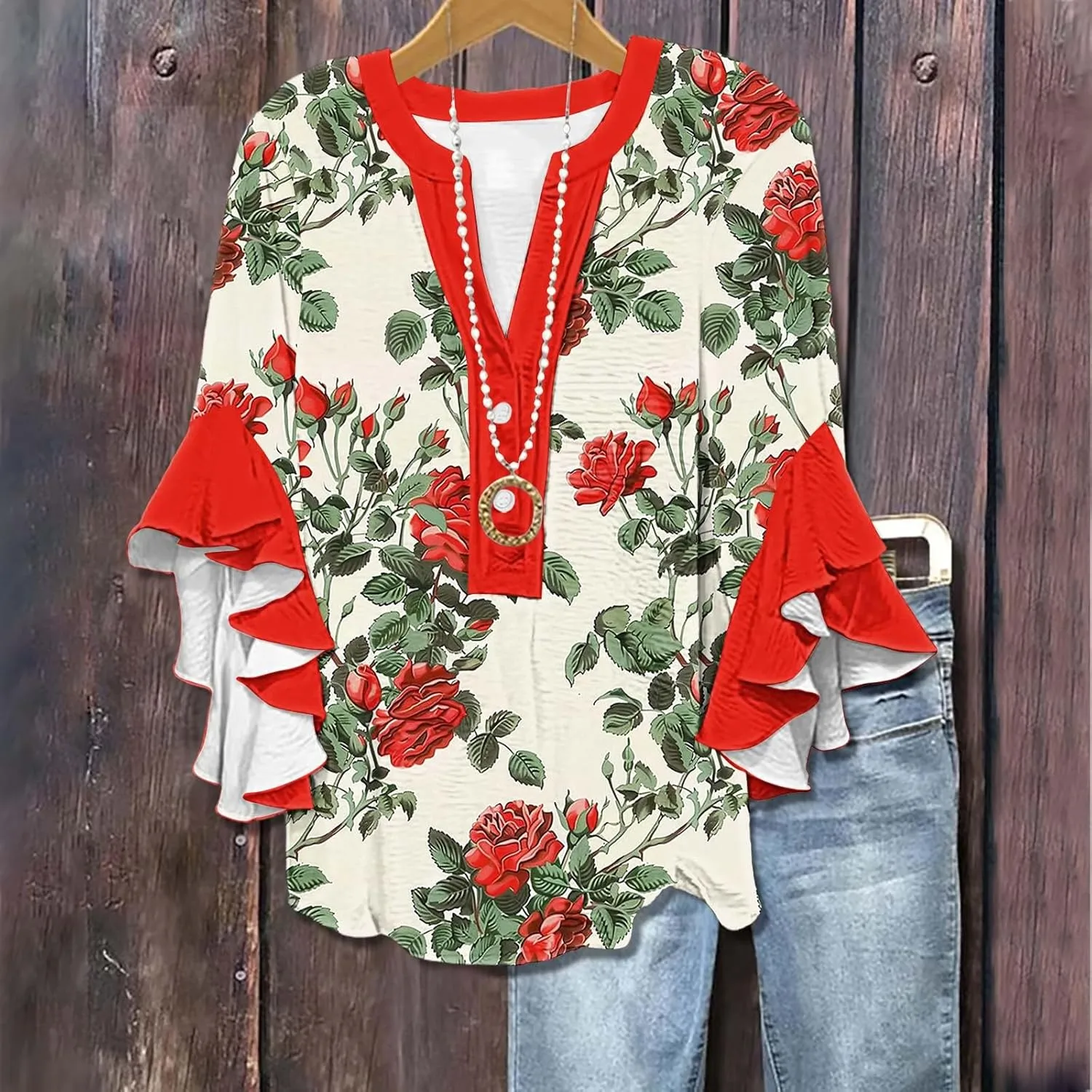 3/4 Length Sleeve Women Tops V Neck Ruffle Shirts Casual Summer Floral Boho Blouses Plus Size Spring Clothes