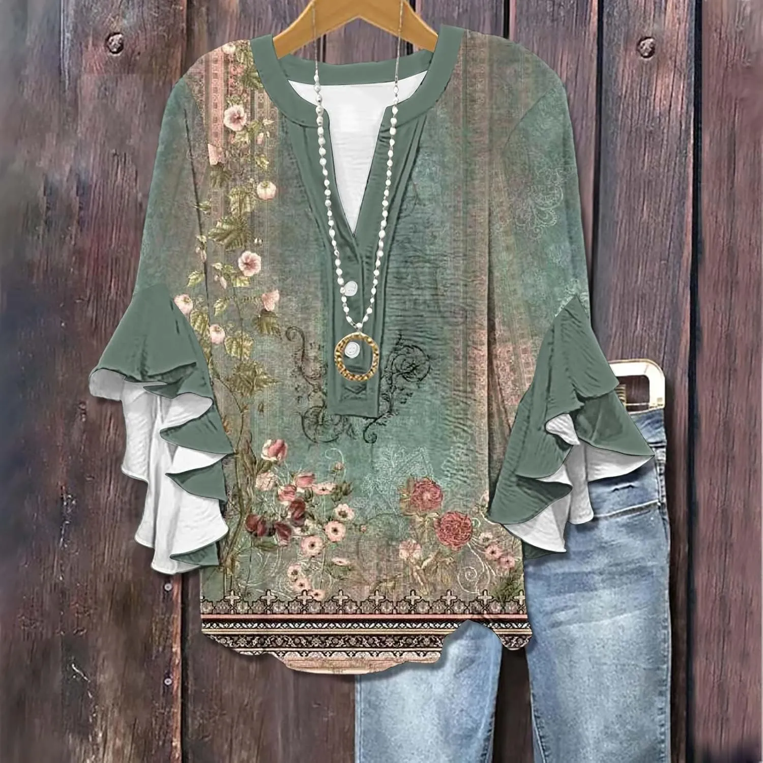 3/4 Length Sleeve Women Tops V Neck Ruffle Shirts Casual Summer Floral Boho Blouses Plus Size Spring Clothes