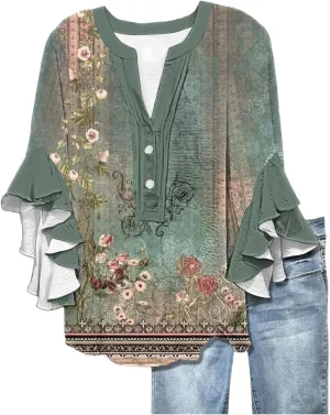 3/4 Length Sleeve Women Tops V Neck Ruffle Shirts Casual Summer Floral Boho Blouses Plus Size Spring Clothes