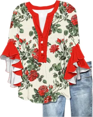 3/4 Length Sleeve Women Tops V Neck Ruffle Shirts Casual Summer Floral Boho Blouses Plus Size Spring Clothes