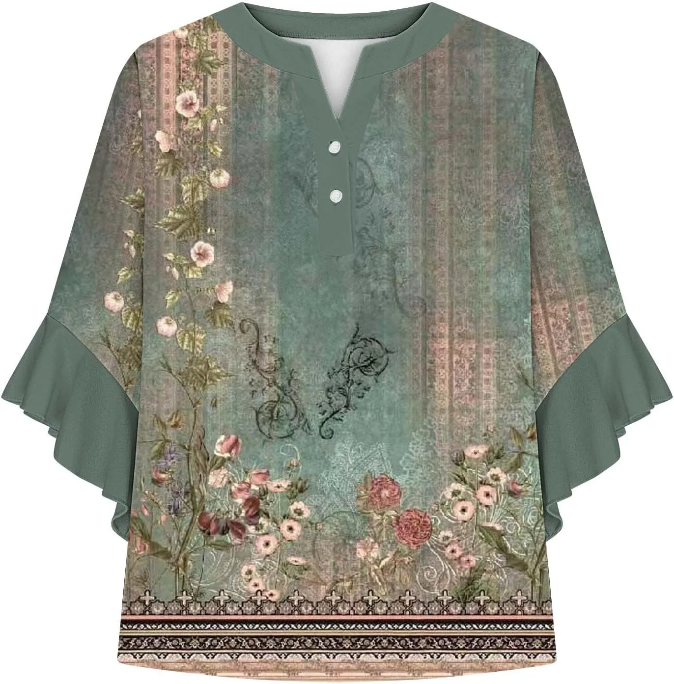 3/4 Length Sleeve Women Tops V Neck Ruffle Shirts Casual Summer Floral Boho Blouses Plus Size Spring Clothes