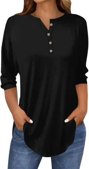 3/4 Length Sleeve Womens Tops 2025 Casual Loose Fit Long Tunic Tops Henley Neck Three Quarter Sleeve Button Up Shirts