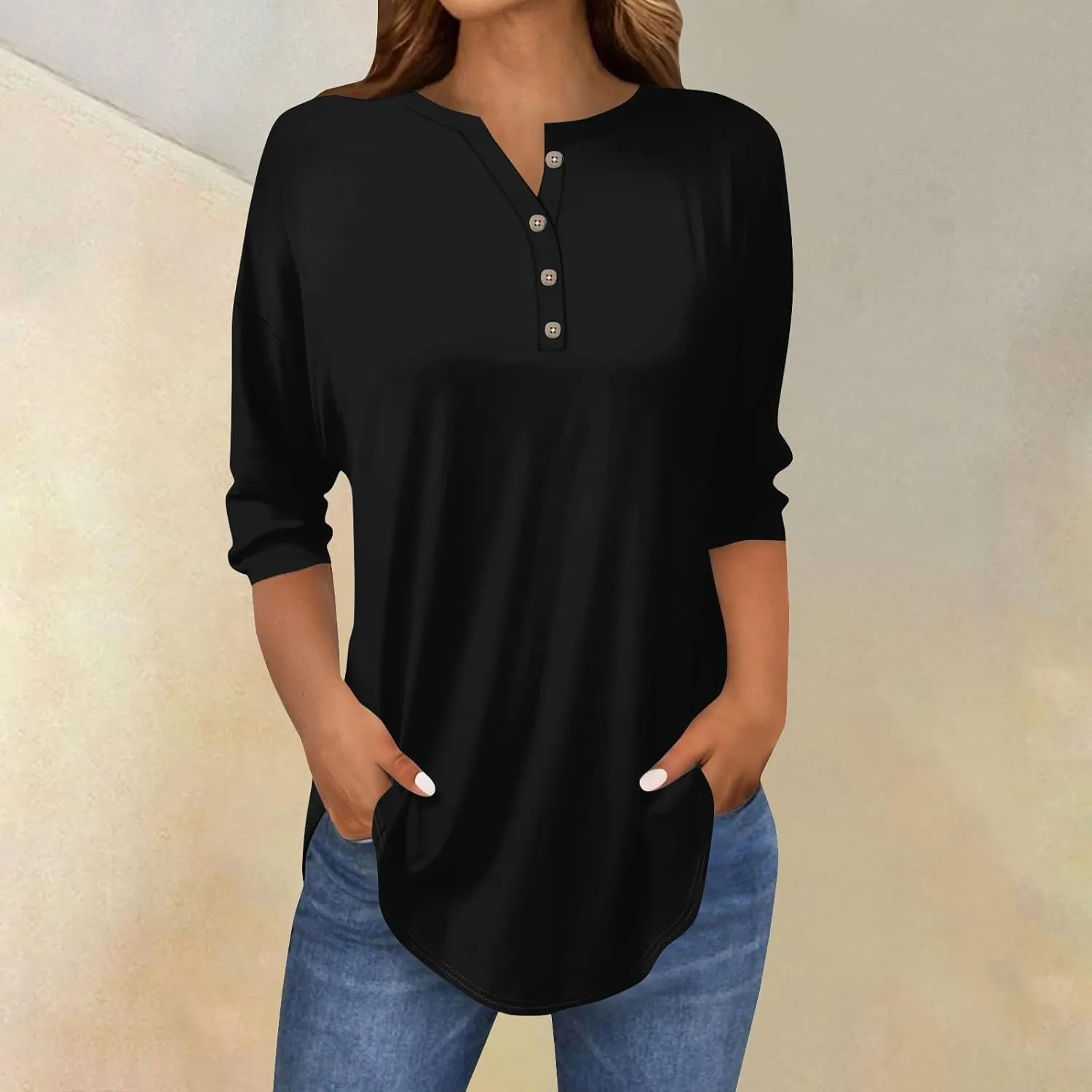 3/4 Length Sleeve Womens Tops 2025 Casual Loose Fit Long Tunic Tops Henley Neck Three Quarter Sleeve Button Up Shirts
