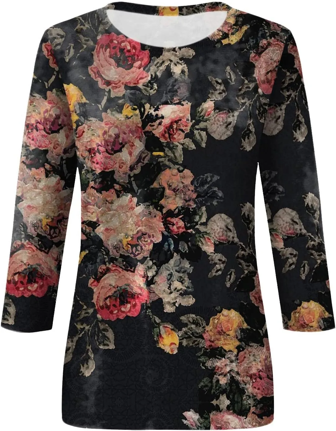 3/4 Length Sleeve Womens Tops Crewneck Floral Graphic Plus Size Shirts Three Quarter Loose Casual Dressy Blouses