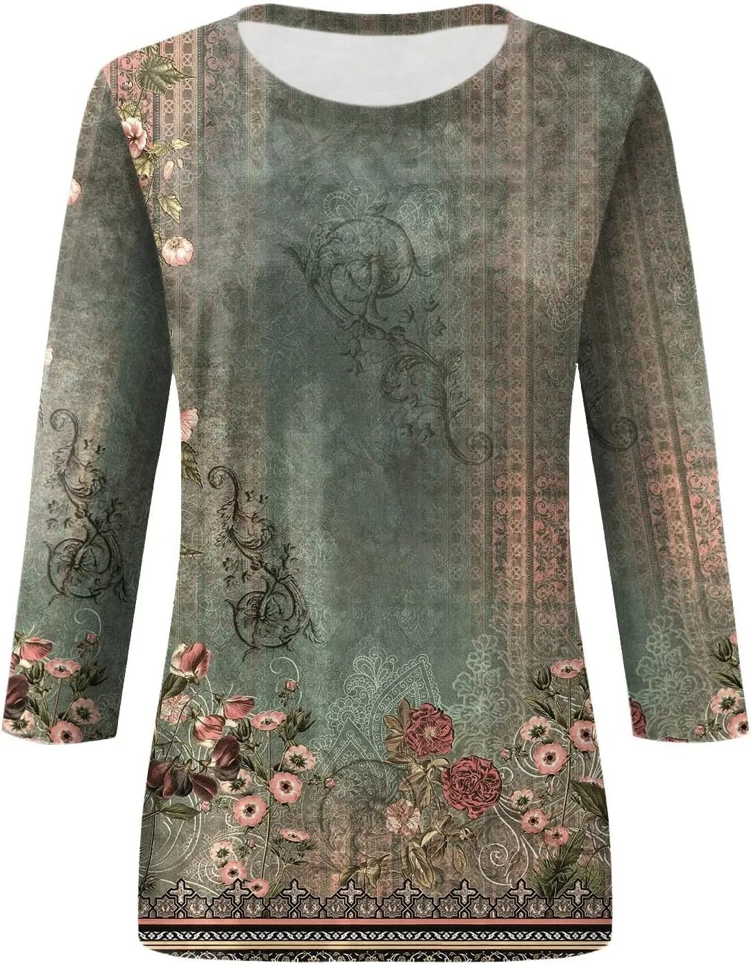 3/4 Length Sleeve Womens Tops Crewneck Floral Graphic Plus Size Shirts Three Quarter Loose Casual Dressy Blouses