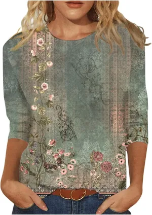 3/4 Length Sleeve Womens Tops Crewneck Floral Graphic Plus Size Shirts Three Quarter Loose Casual Dressy Blouses