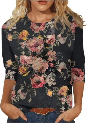 3/4 Length Sleeve Womens Tops Crewneck Floral Graphic Plus Size Shirts Three Quarter Loose Casual Dressy Blouses