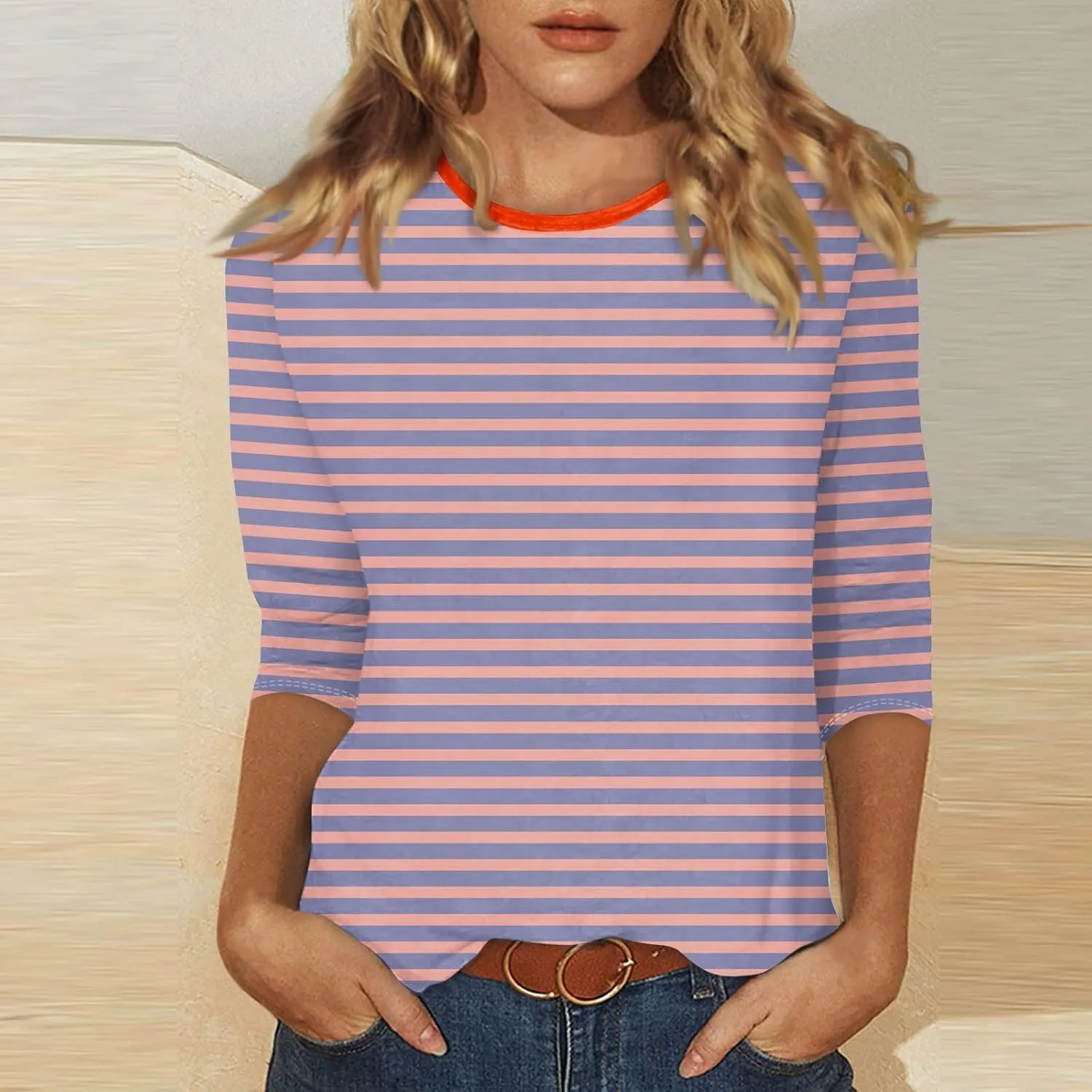 3/4 Length Sleeve Womens Tops Summer Three Quarter Striped Shirts Dressy Casual Printed Tunic Tops Women Blouses