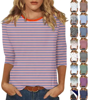 3/4 Length Sleeve Womens Tops Summer Three Quarter Striped Shirts Dressy Casual Printed Tunic Tops Women Blouses