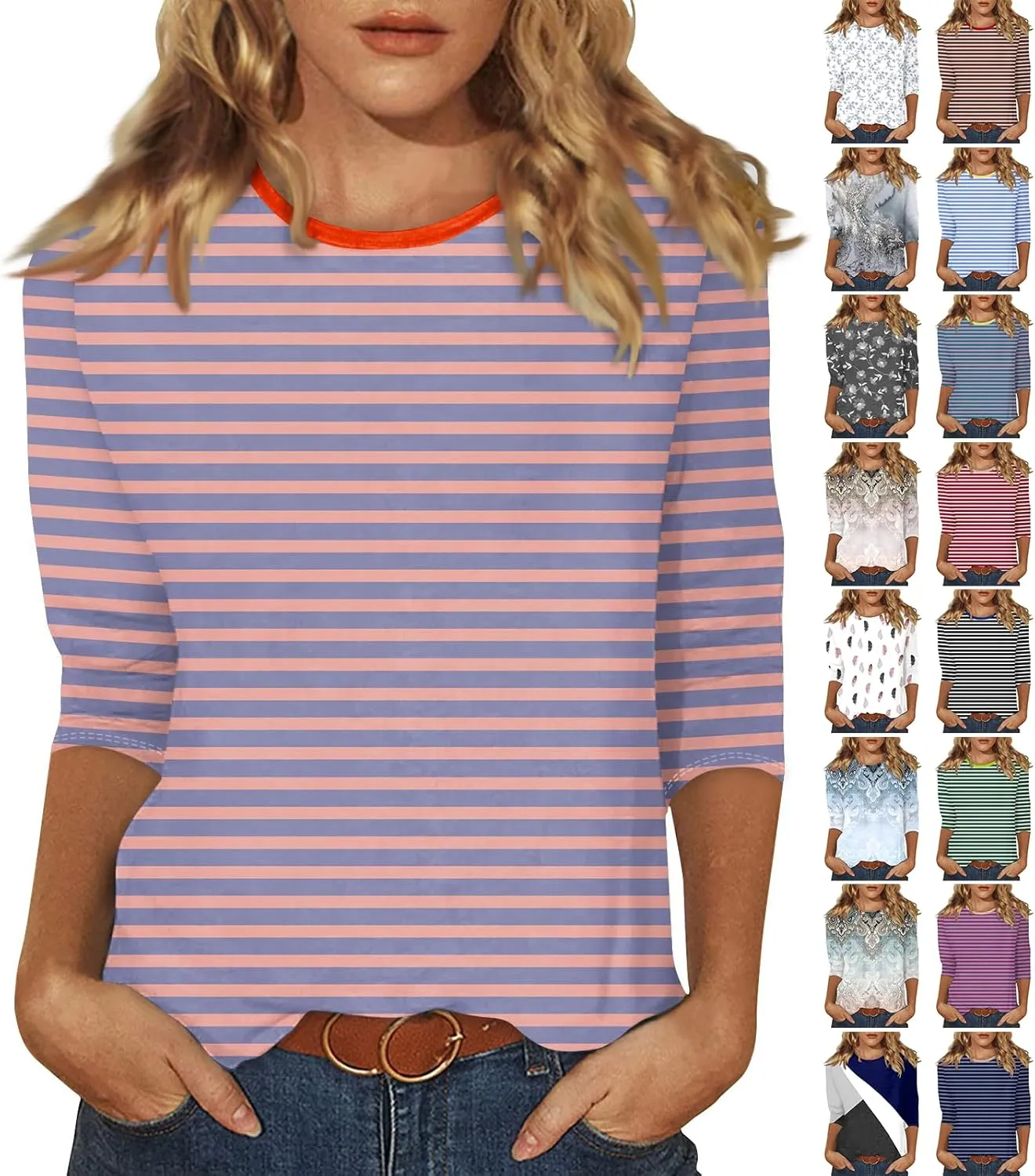 3/4 Length Sleeve Womens Tops Summer Three Quarter Striped Shirts Dressy Casual Printed Tunic Tops Women Blouses