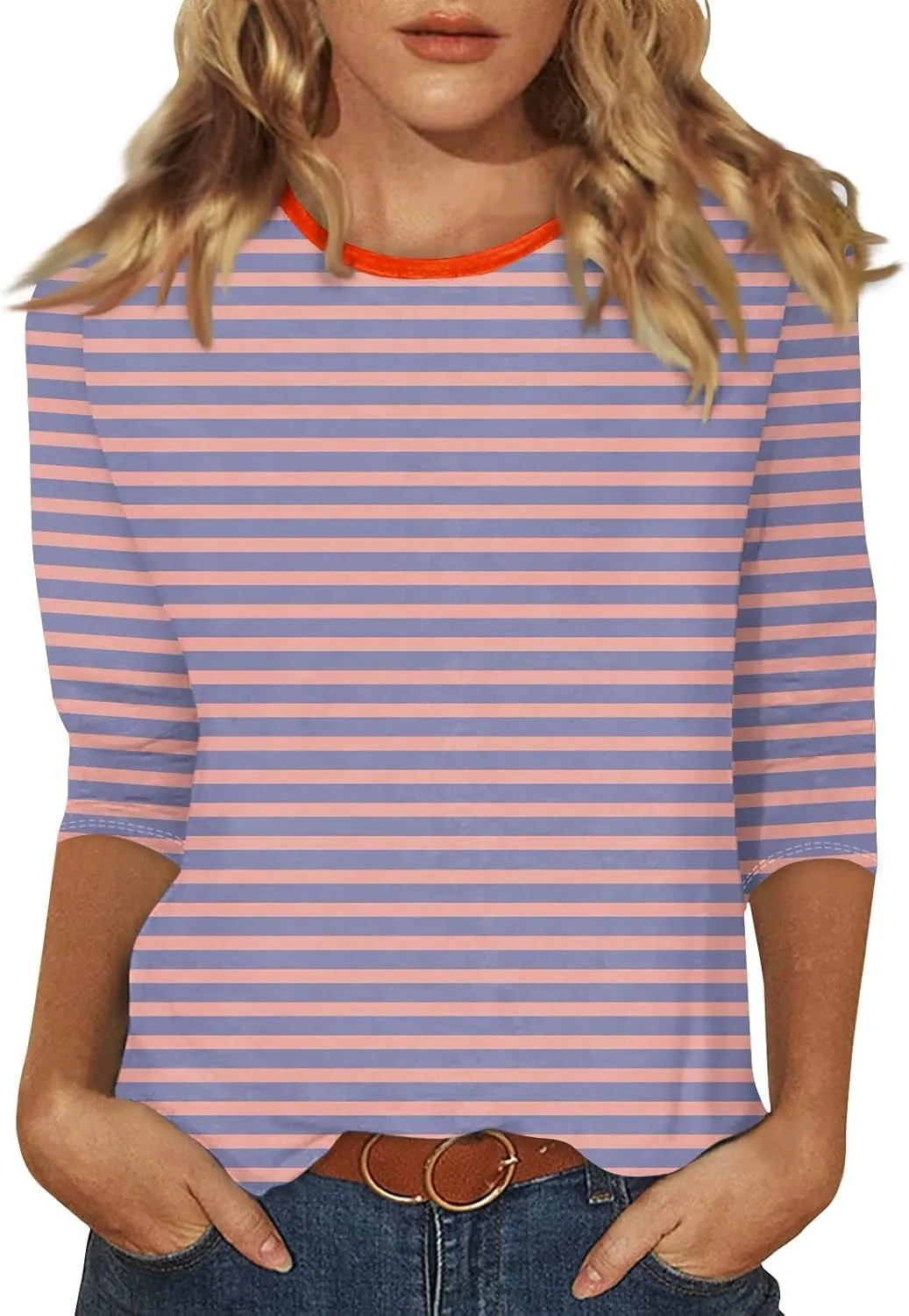 3/4 Length Sleeve Womens Tops Summer Three Quarter Striped Shirts Dressy Casual Printed Tunic Tops Women Blouses
