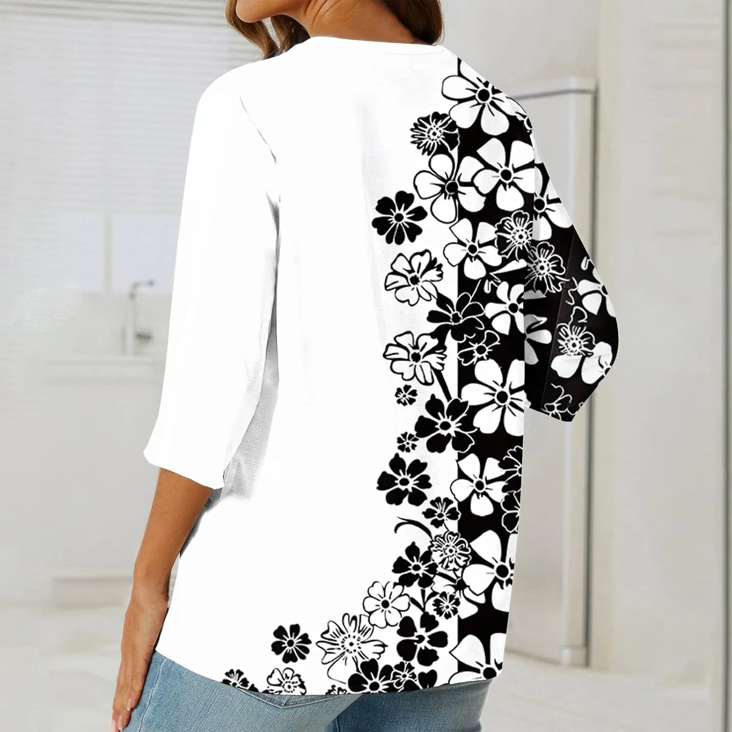 3/4 Sleeve Linen Tops for Women Summer 2024 Dressy Casual Button Down Shirts Boho Floral Print Loose Tunic Blouses