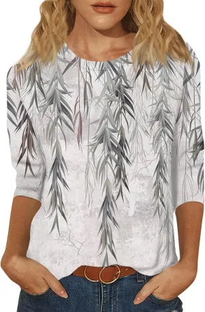 3/4 Sleeve Womens Tops Floral Print Loose Fit Blouse Plus Size Casual Tunic Tops Soft Stretch for Summer Beach & Office