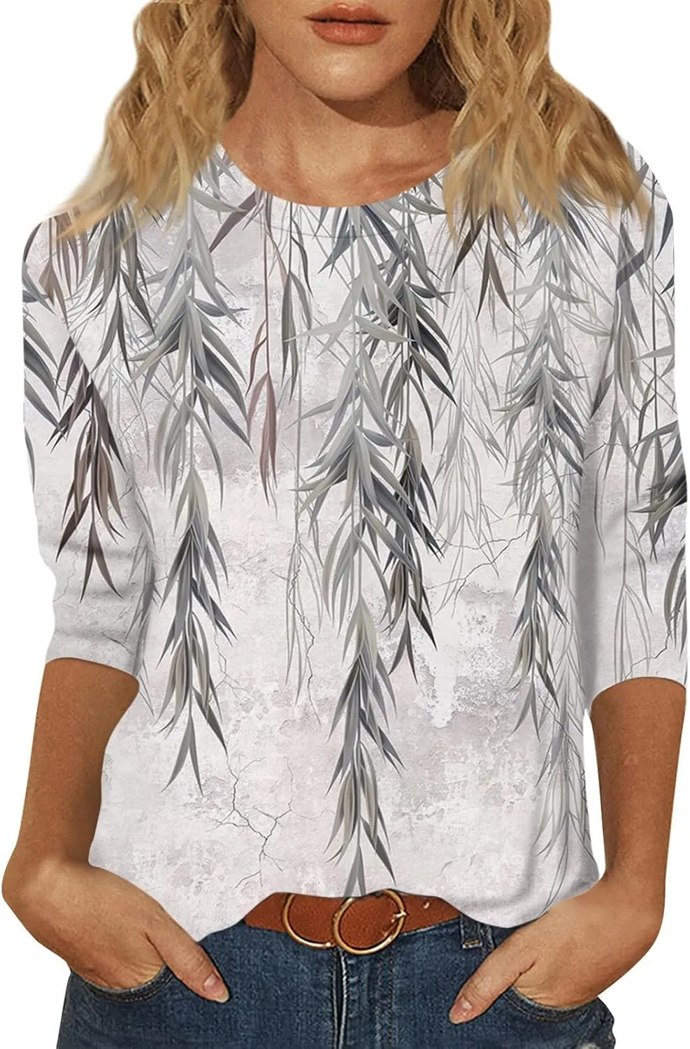 3/4 Sleeve Womens Tops Floral Print Loose Fit Blouse Plus Size Casual Tunic Tops Soft Stretch for Summer Beach & Office