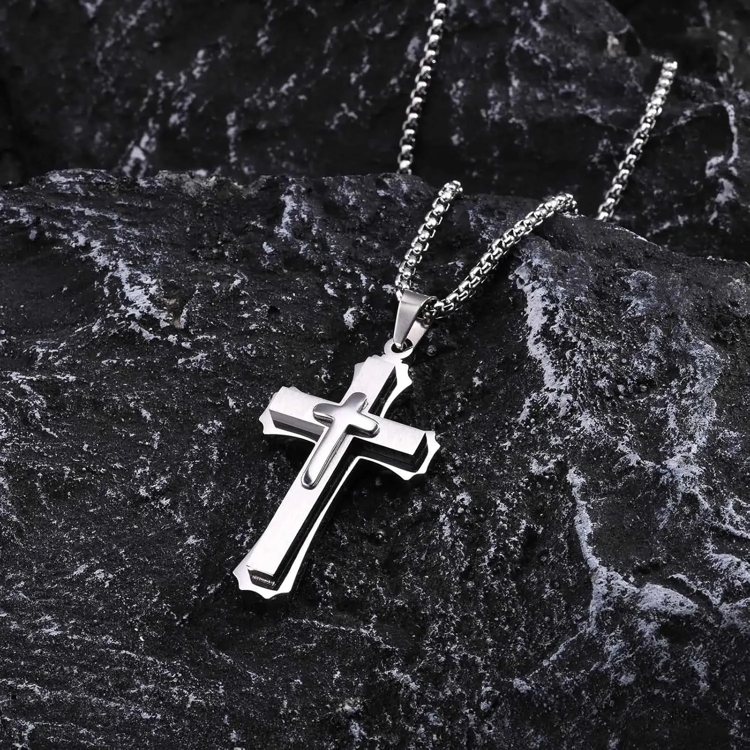 925 Sterling Silver Punk Layered Cross Necklace For Men - Cross Layered Necklaces, Gothic Layered Cross Necklaces For Women, Side Cross Necklace Layered, Christian Religious Jewelry For Women