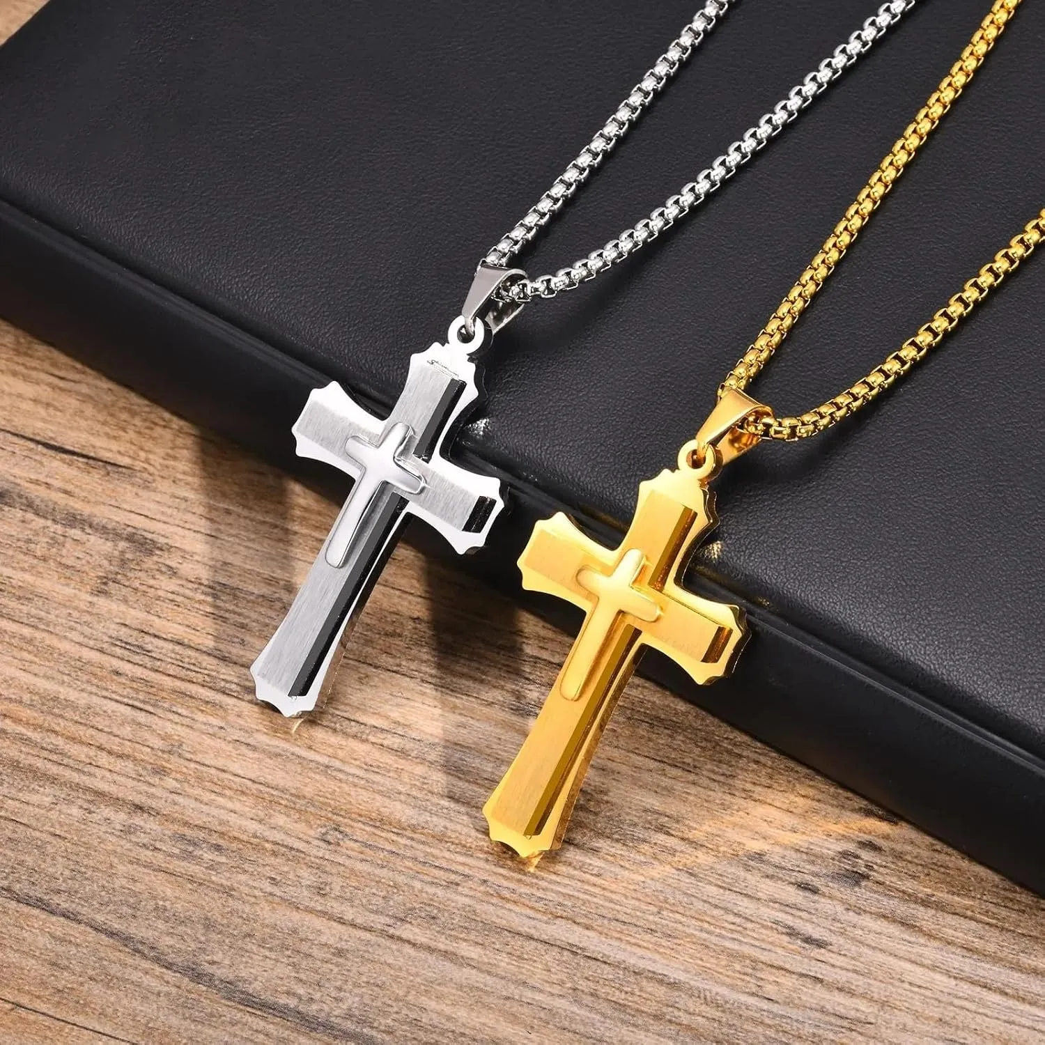 925 Sterling Silver Punk Layered Cross Necklace For Men - Cross Layered Necklaces, Gothic Layered Cross Necklaces For Women, Side Cross Necklace Layered, Christian Religious Jewelry For Women