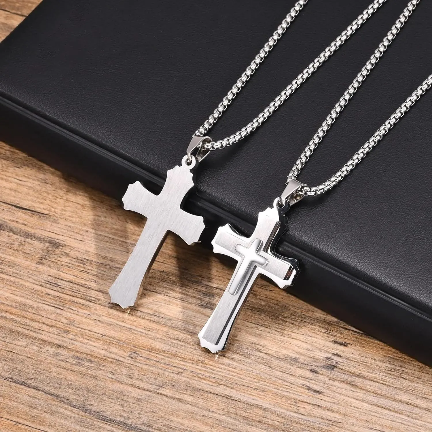 925 Sterling Silver Punk Layered Cross Necklace For Men - Cross Layered Necklaces, Gothic Layered Cross Necklaces For Women, Side Cross Necklace Layered, Christian Religious Jewelry For Women