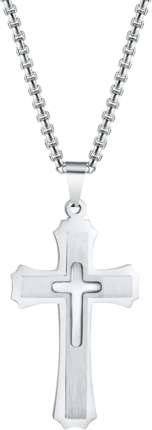 925 Sterling Silver Punk Layered Cross Necklace For Men - Cross Layered Necklaces, Gothic Layered Cross Necklaces For Women, Side Cross Necklace Layered, Christian Religious Jewelry For Women