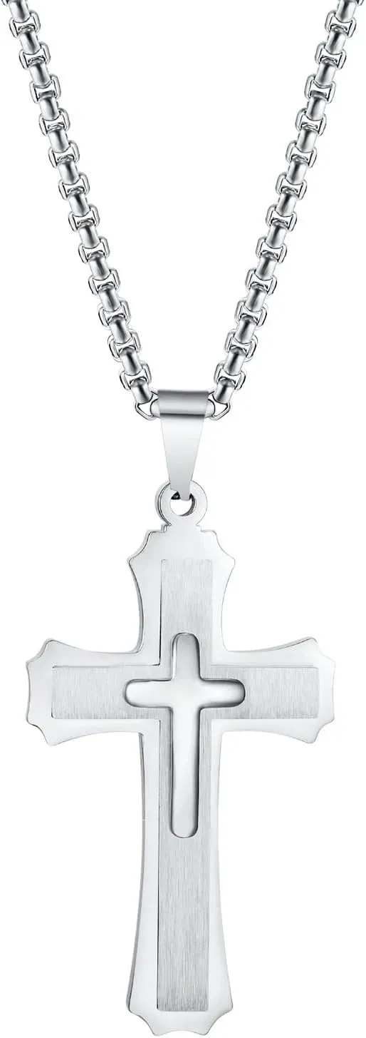 925 Sterling Silver Punk Layered Cross Necklace For Men - Cross Layered Necklaces, Gothic Layered Cross Necklaces For Women, Side Cross Necklace Layered, Christian Religious Jewelry For Women