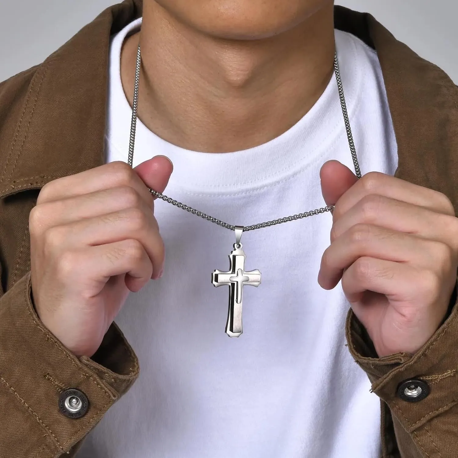 925 Sterling Silver Punk Layered Cross Necklace For Men - Cross Layered Necklaces, Gothic Layered Cross Necklaces For Women, Side Cross Necklace Layered, Christian Religious Jewelry For Women
