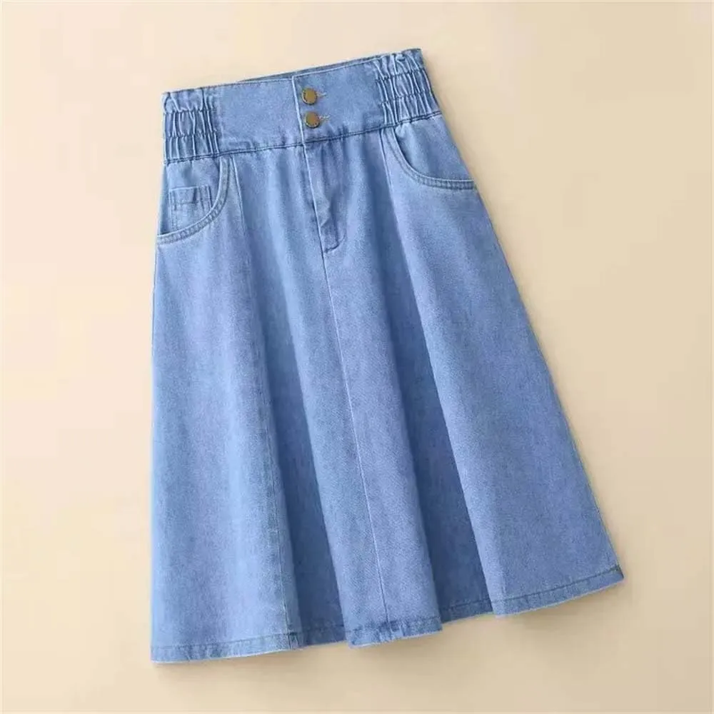 Adhdyuud Women Casual Mini Denim Skirts Summer High-Waisted A-Line Loose Mid-Length Jeans Skirt
