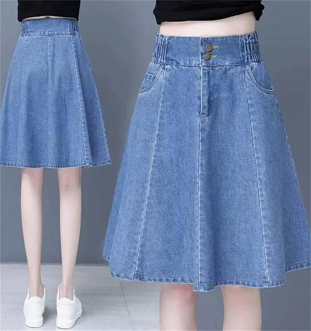 Adhdyuud Women Casual Mini Denim Skirts Summer High-Waisted A-Line Loose Mid-Length Jeans Skirt