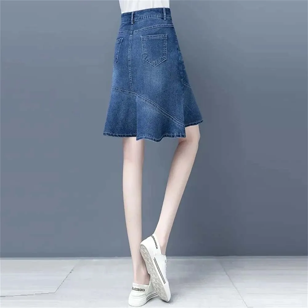 Adhdyuud Women Denim Skirt Summer High-Waisted Ruffle A-Line HIPS Fishtail Mini Jeans Skirts