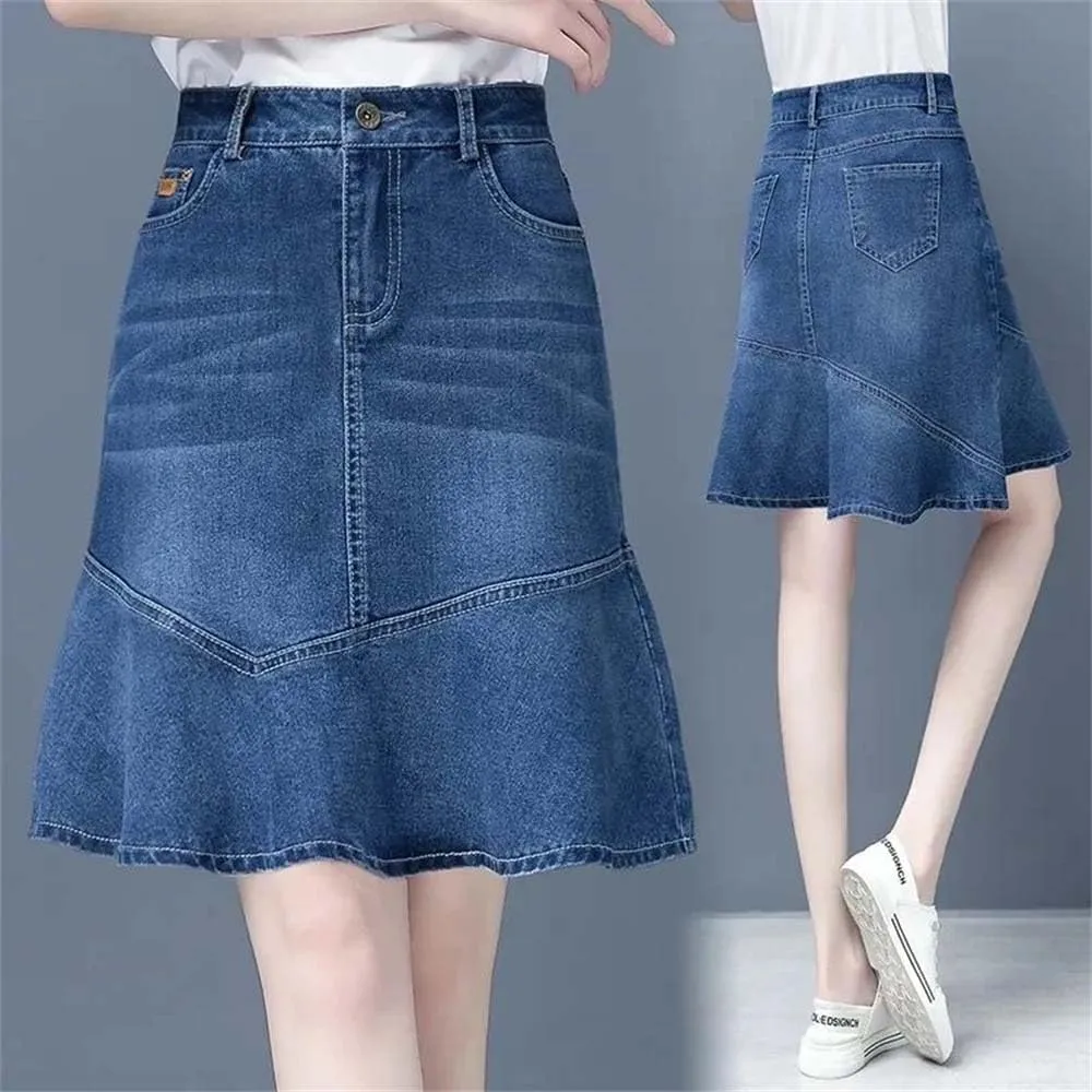 Adhdyuud Women Denim Skirt Summer High-Waisted Ruffle A-Line HIPS Fishtail Mini Jeans Skirts