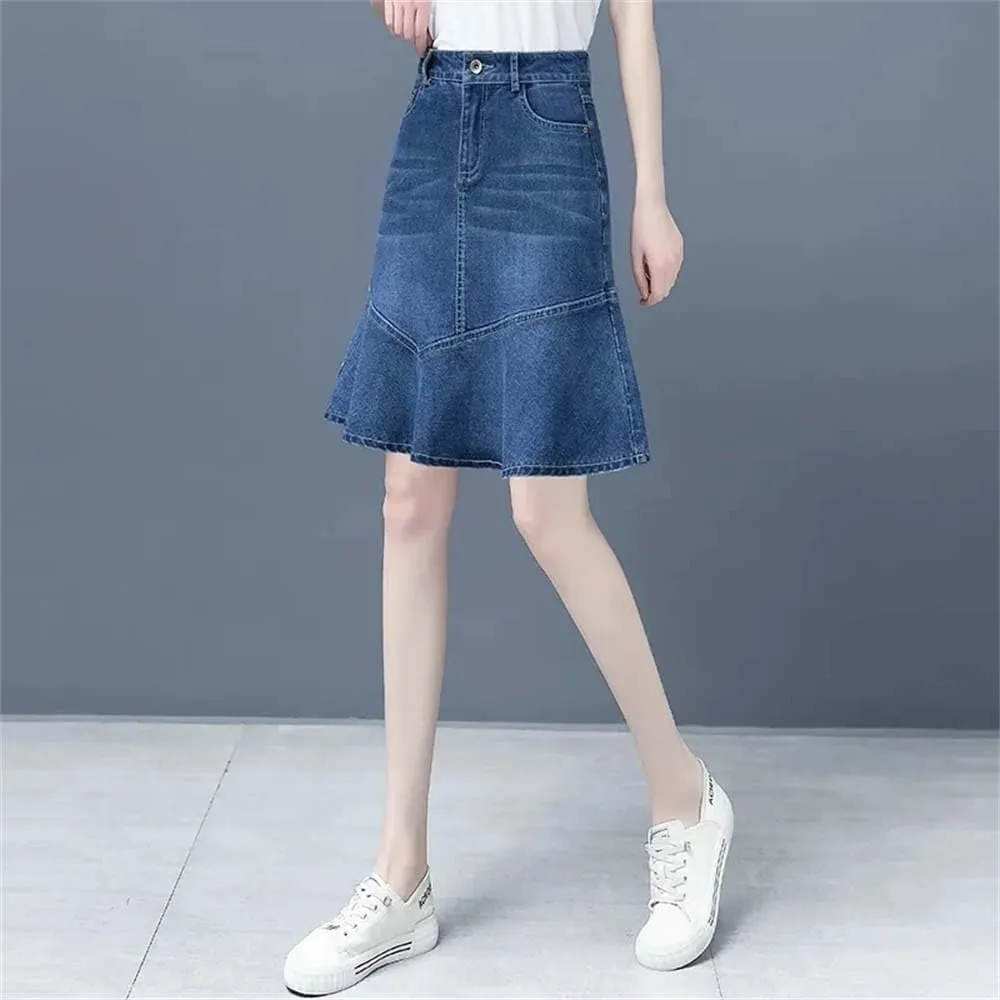 Adhdyuud Women Denim Skirt Summer High-Waisted Ruffle A-Line HIPS Fishtail Mini Jeans Skirts
